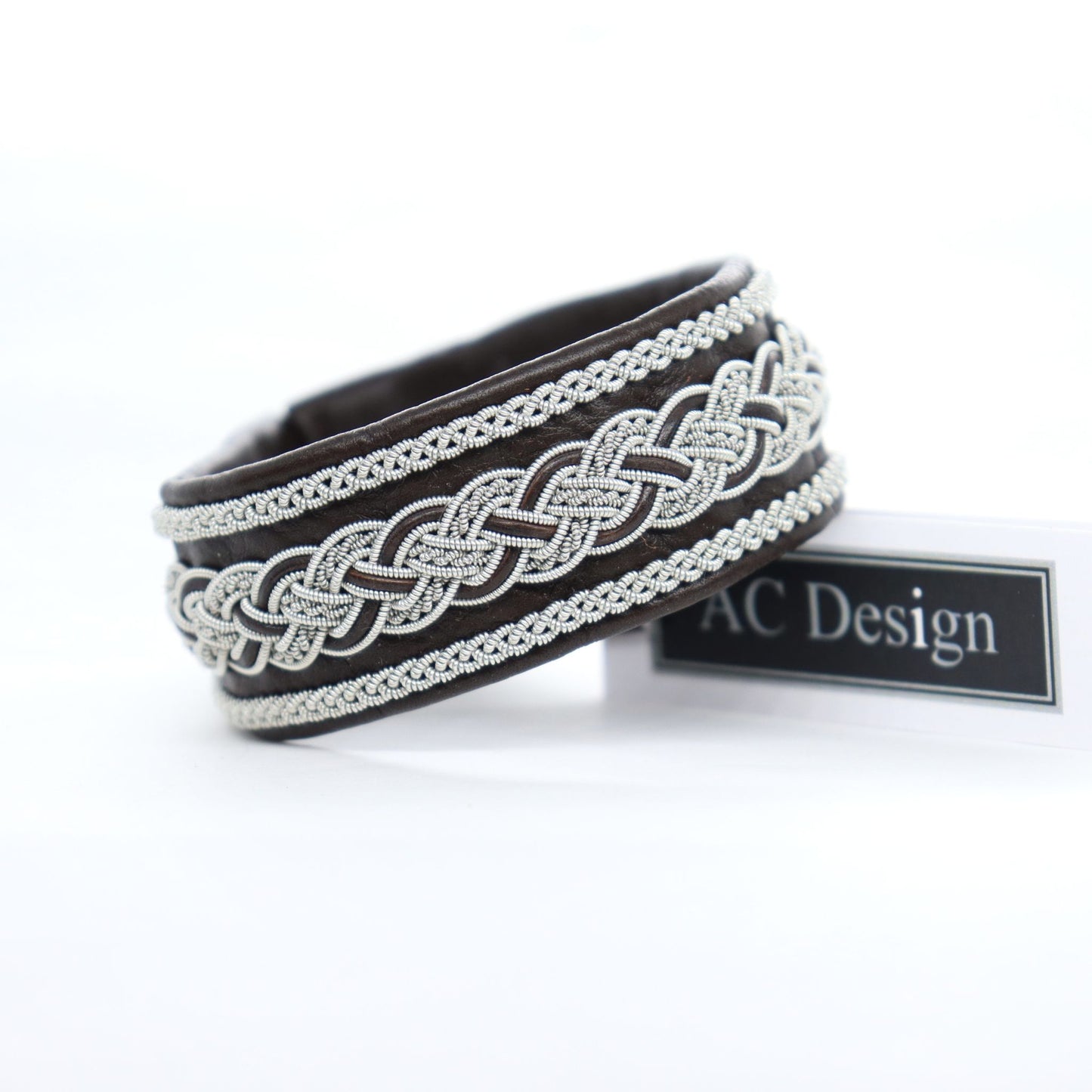 Handmade Sami leather bracelet with braids in pewter wire and leather cord
