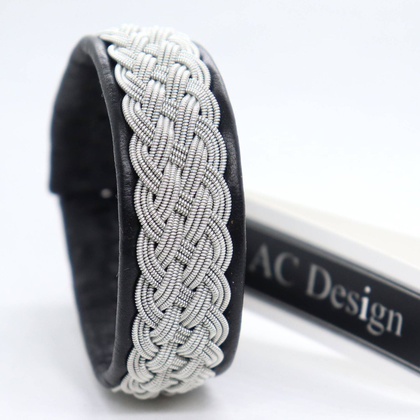 Crafted Sami Bracelet in Black reindeer leather and pewter thread