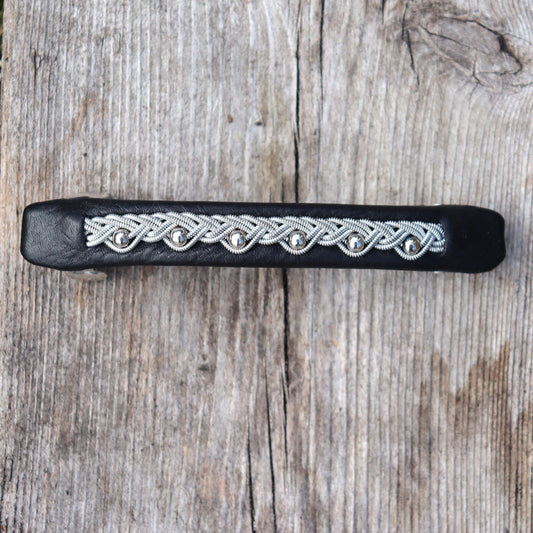 Handmade Sami hair barrette featuring a pewter braid and sterling silver bead accents