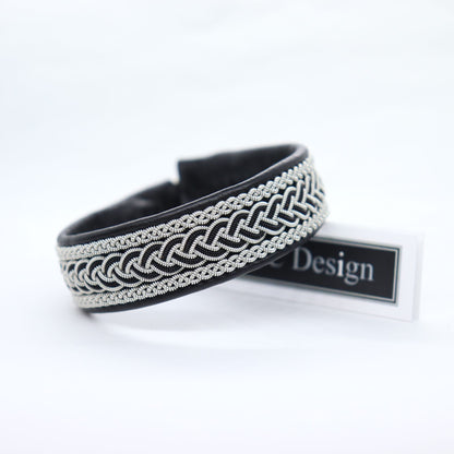 Handmade Sami bracelet in black leather, pewter and copper braids