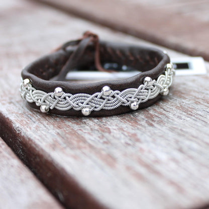 Nordic Sami bracelet with silver beads and dark brown leather