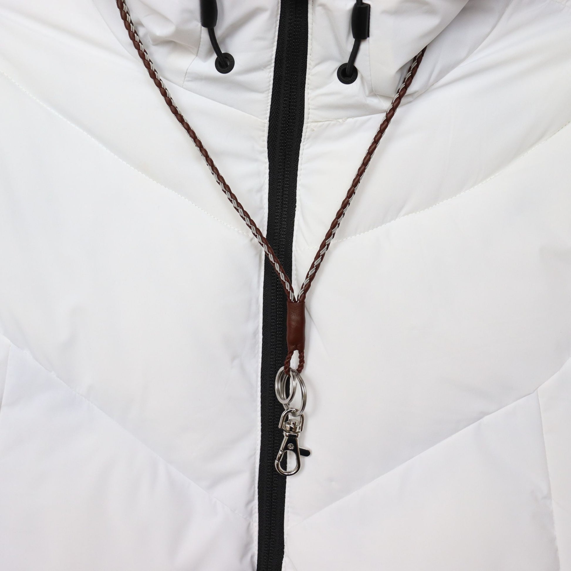 Sami lanyard in brown reindeer leather with pewter braid, featuring a hook and key rings
