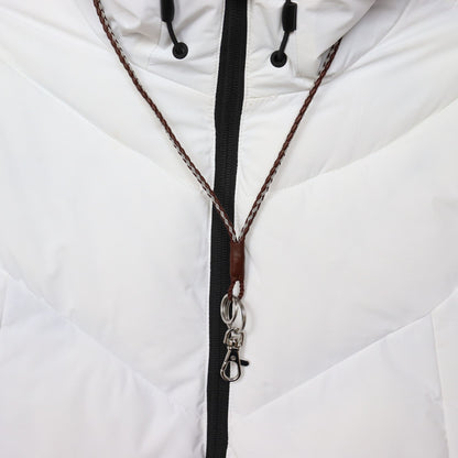 Sami lanyard in brown reindeer leather with pewter braid, featuring a hook and key rings