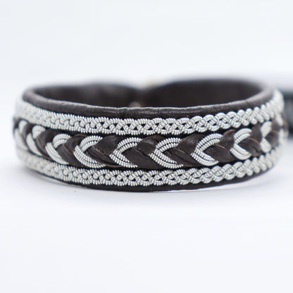sami lapland bracelet in dark brown leather and pewter thread braids