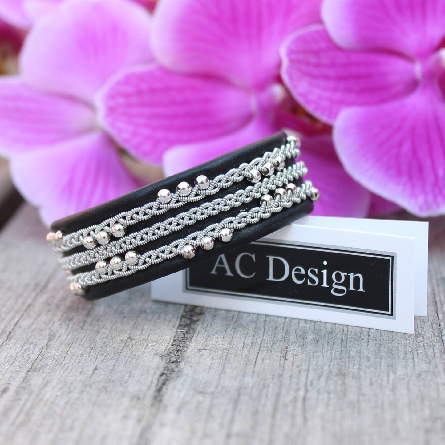 Black Sami leather bracelet with sterling silver beads