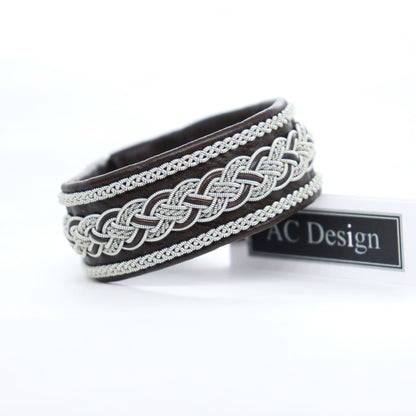 Handmade Sami leather bracelet with braids in pewter wire and leather cord