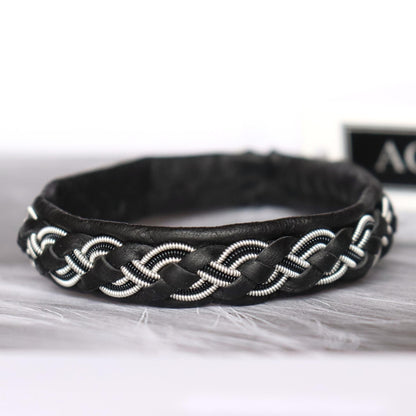 Sami leather bracelet with braided pewter wire and decorative copper wire