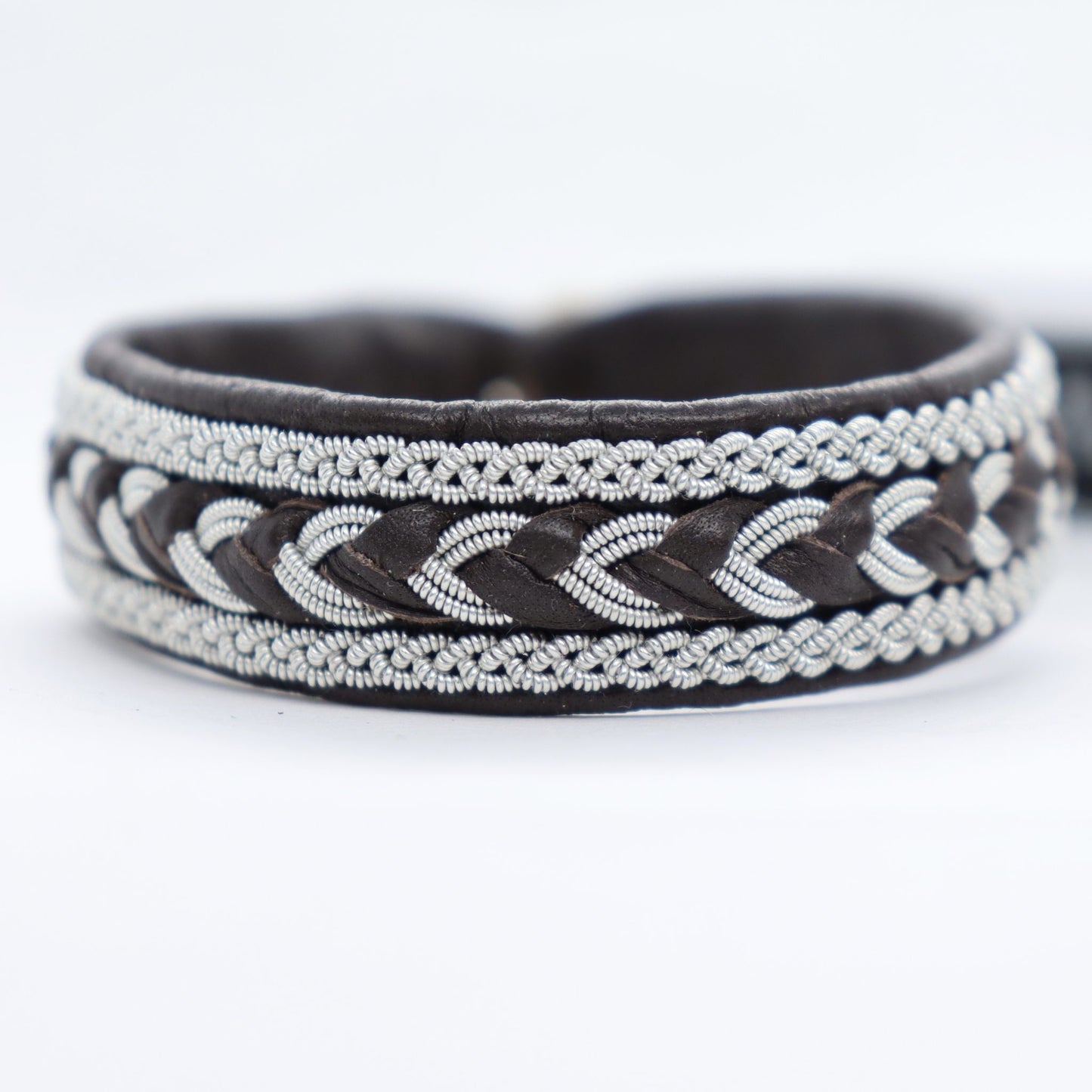 sami lapland bracelet in dark brown leather and pewter thread braids
