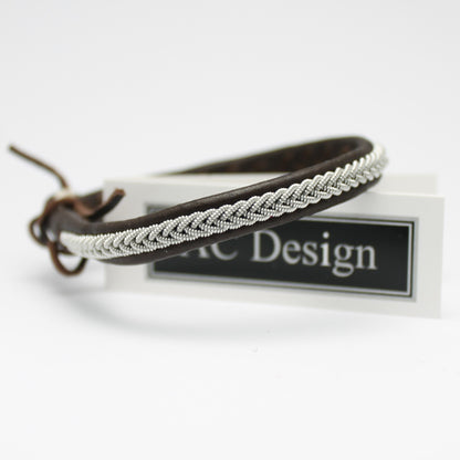 Sami bracelet with pewter wire braid and leather color dark brown