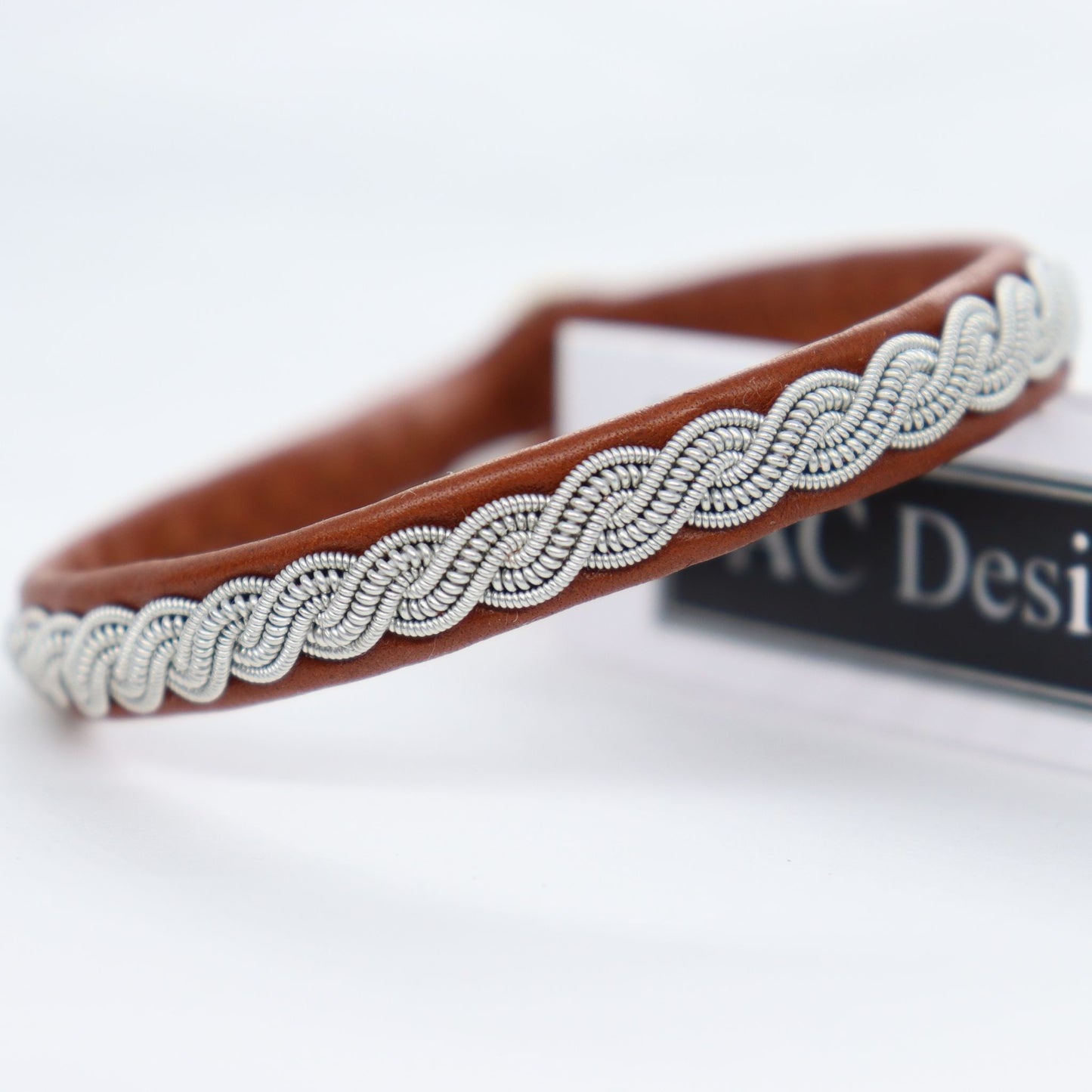Sami bracelet handmade with pewter wire braid and nature brown leather