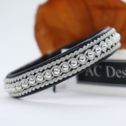 Black Sami Leather Bracelet with Sterling Silver Beads