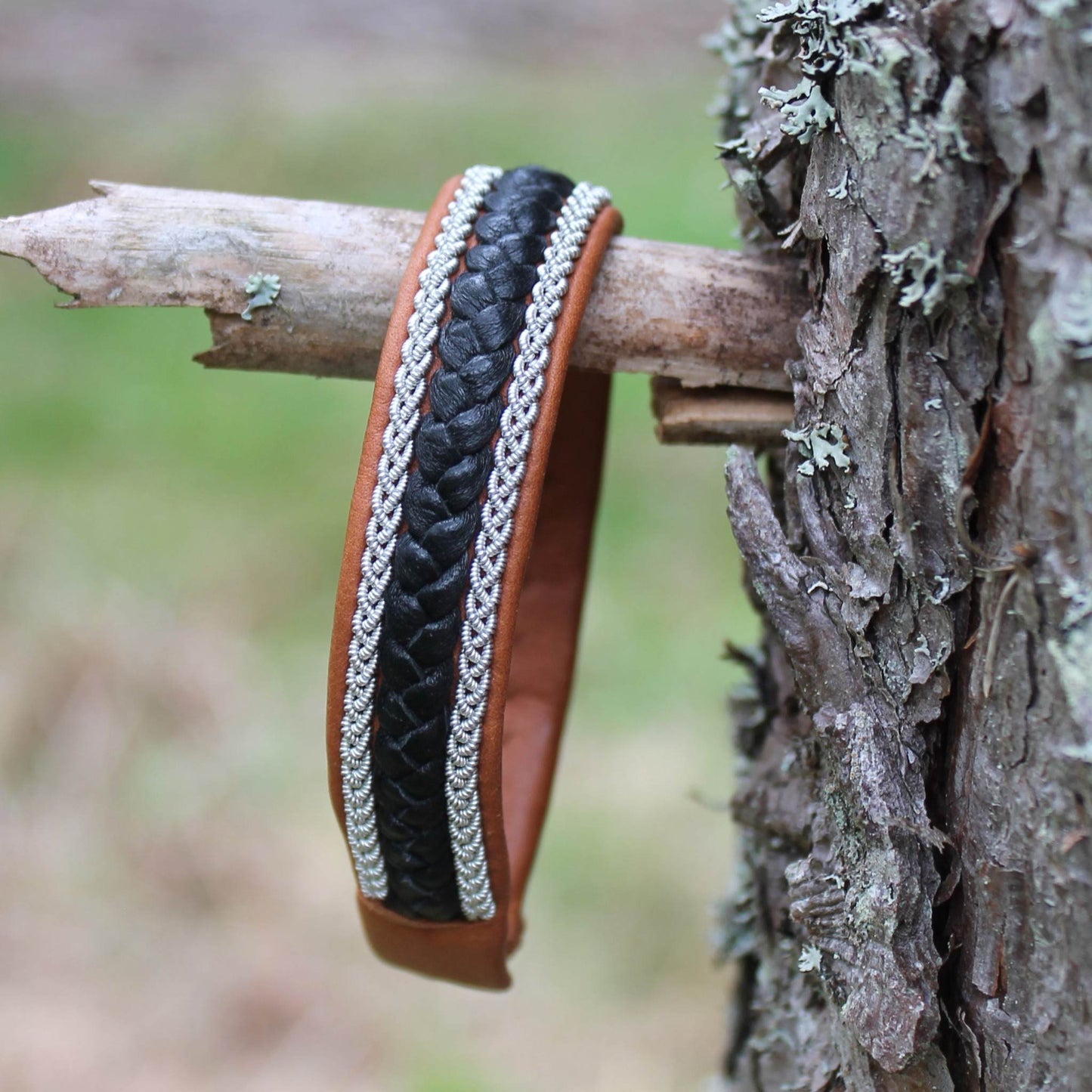 Sami bracelet in nature brown leather with pewter and leather braids