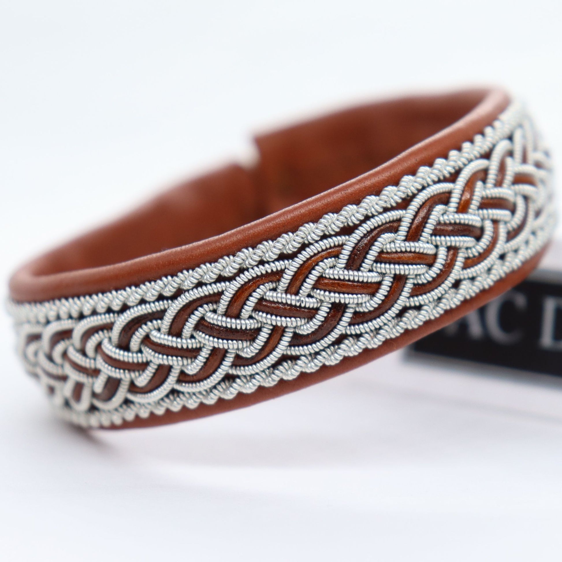 Sami bracelet in nature brown leather and pewter wire braids