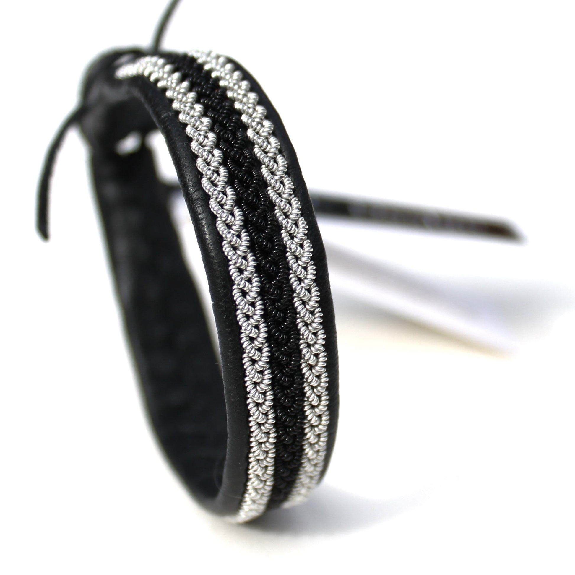 Black Sami leather bracelet with pewter and copper braids