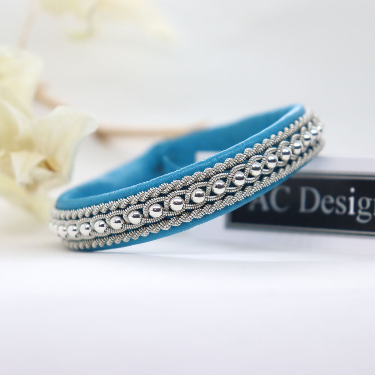 Nordic Sami leather bracelet with pewter wire and sterling silver beads