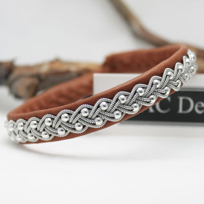 Sami leather bracelet with braided pewter wire and silver beads