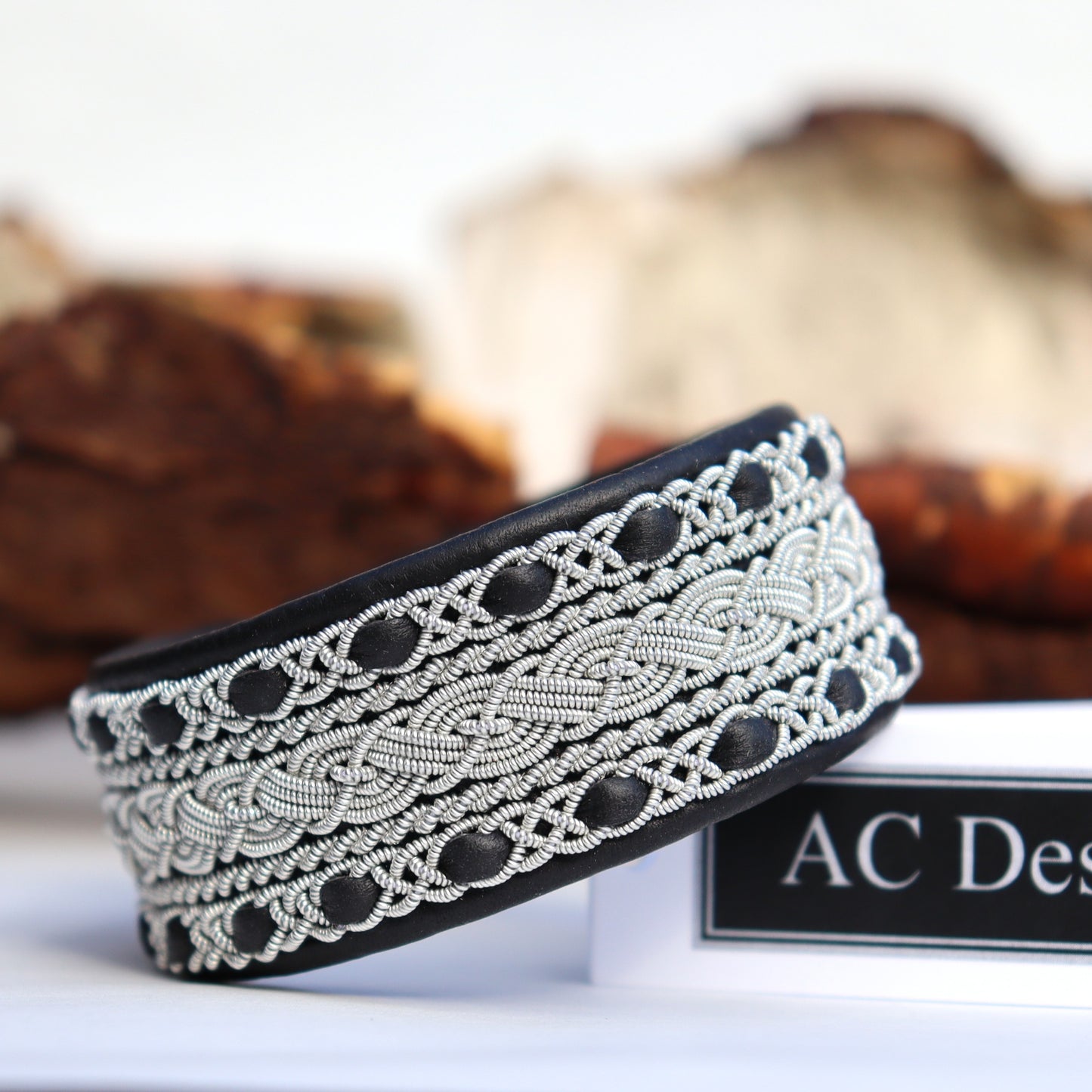Wide Sami bracelet cuff in black leather and pewter braids
