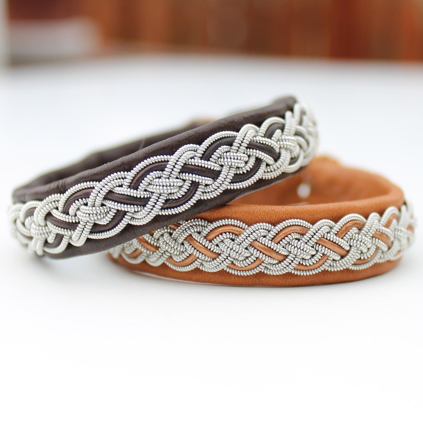 sami bracelet handmade from leather, pewter thread and leather cord