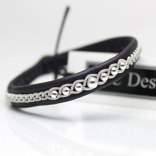 sami bracelet in leather color purple satin with sterling silver beads