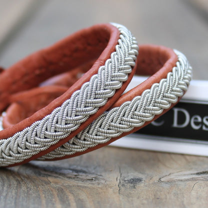 Sami bracelets in nature brown reindeer leather and pewter wire braids
