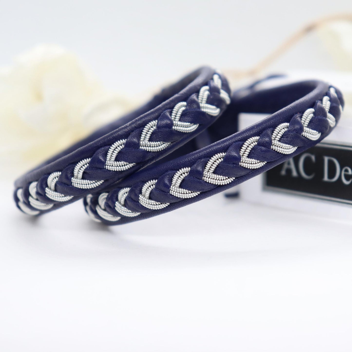 Sami bracelets in reindeer leather color Navy and pewter thread