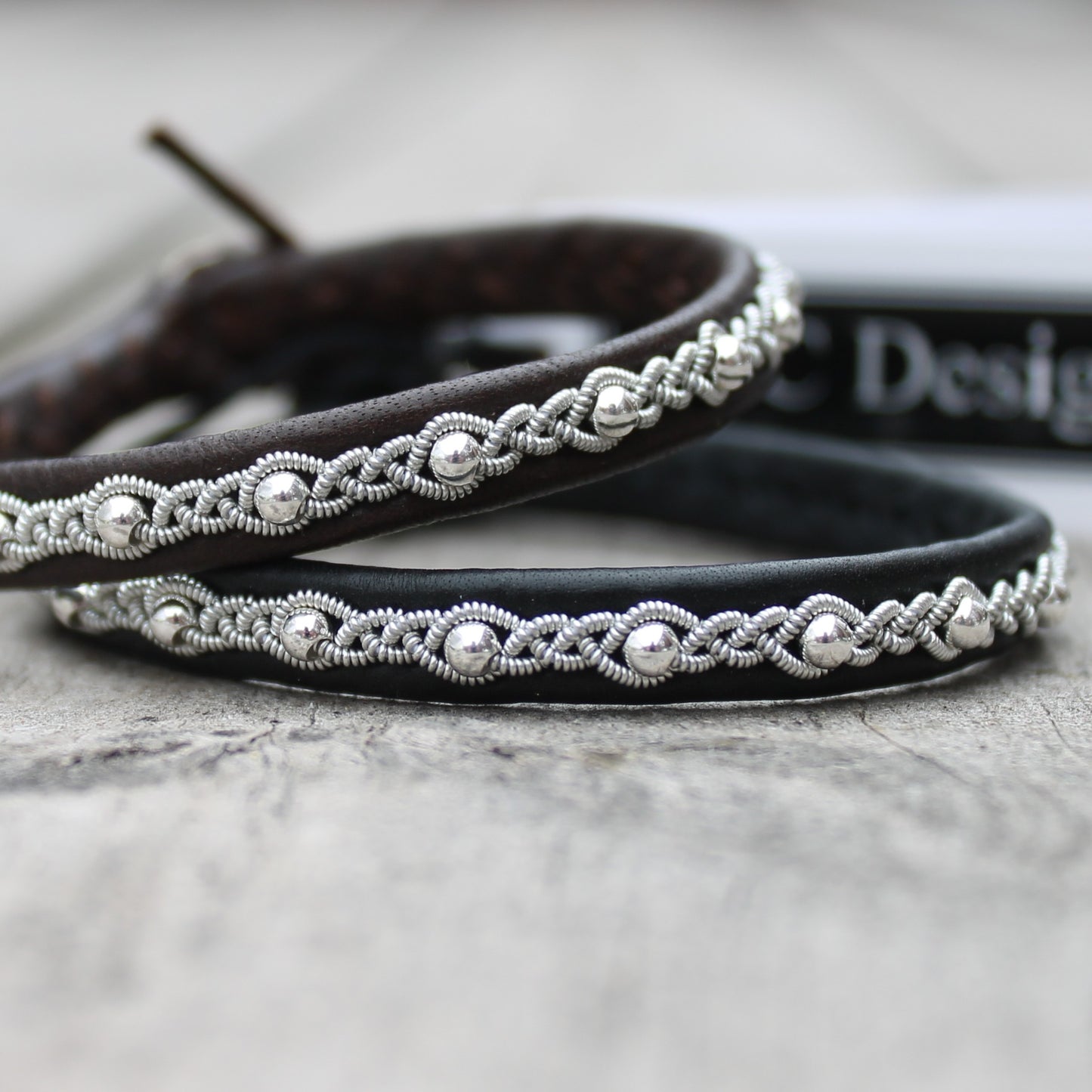 Slim Sami bracelets made from soft leather with braided pewter wire and silver beads