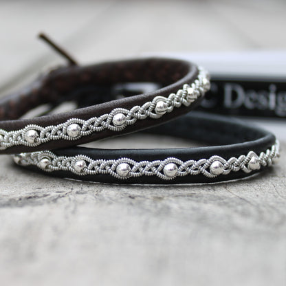Slim Sami bracelets made from soft leather with braided pewter wire and silver beads