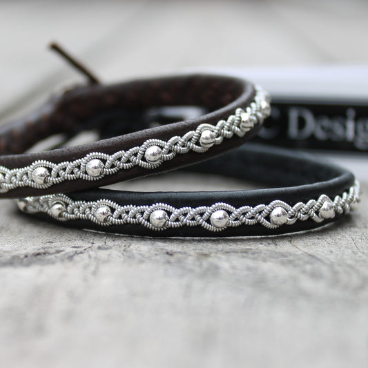 Slim Sami bracelets made from soft leather with braided pewter wire and silver beads