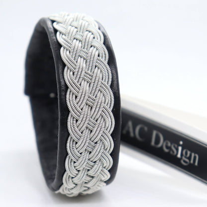 Crafted Sami Bracelet in Black reindeer leather and pewter thread