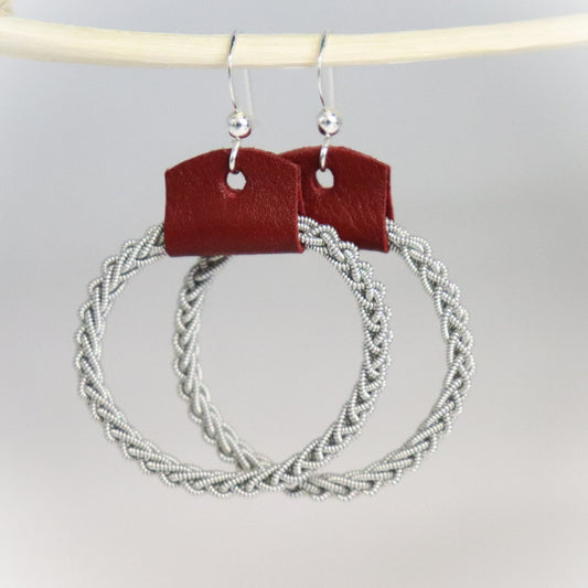 Sami-style leather and pewter wire earrings with sterling silver hooks