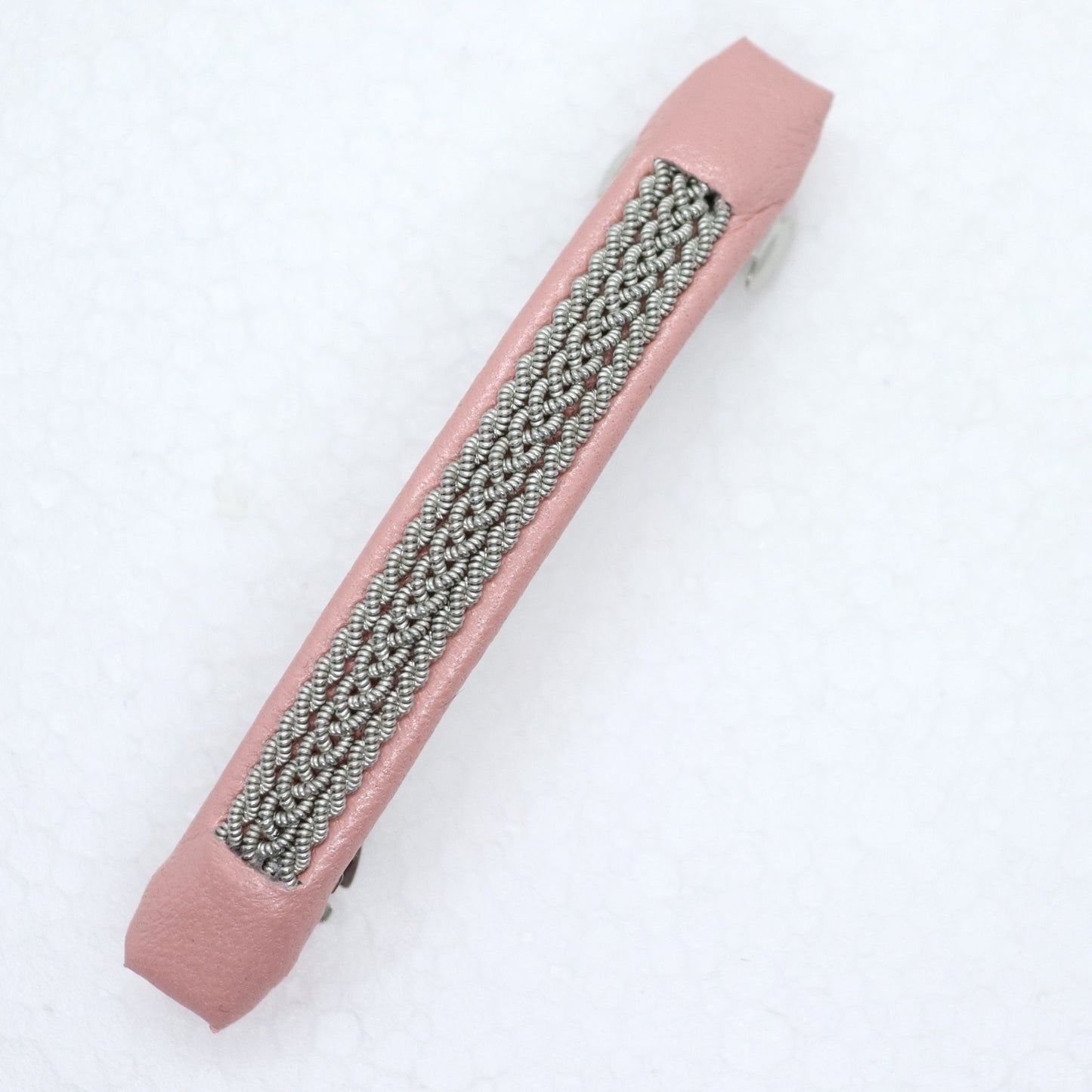 Swedish handcrafted Sami hair barrette made from pearl pink lamb leather and pewter wire.