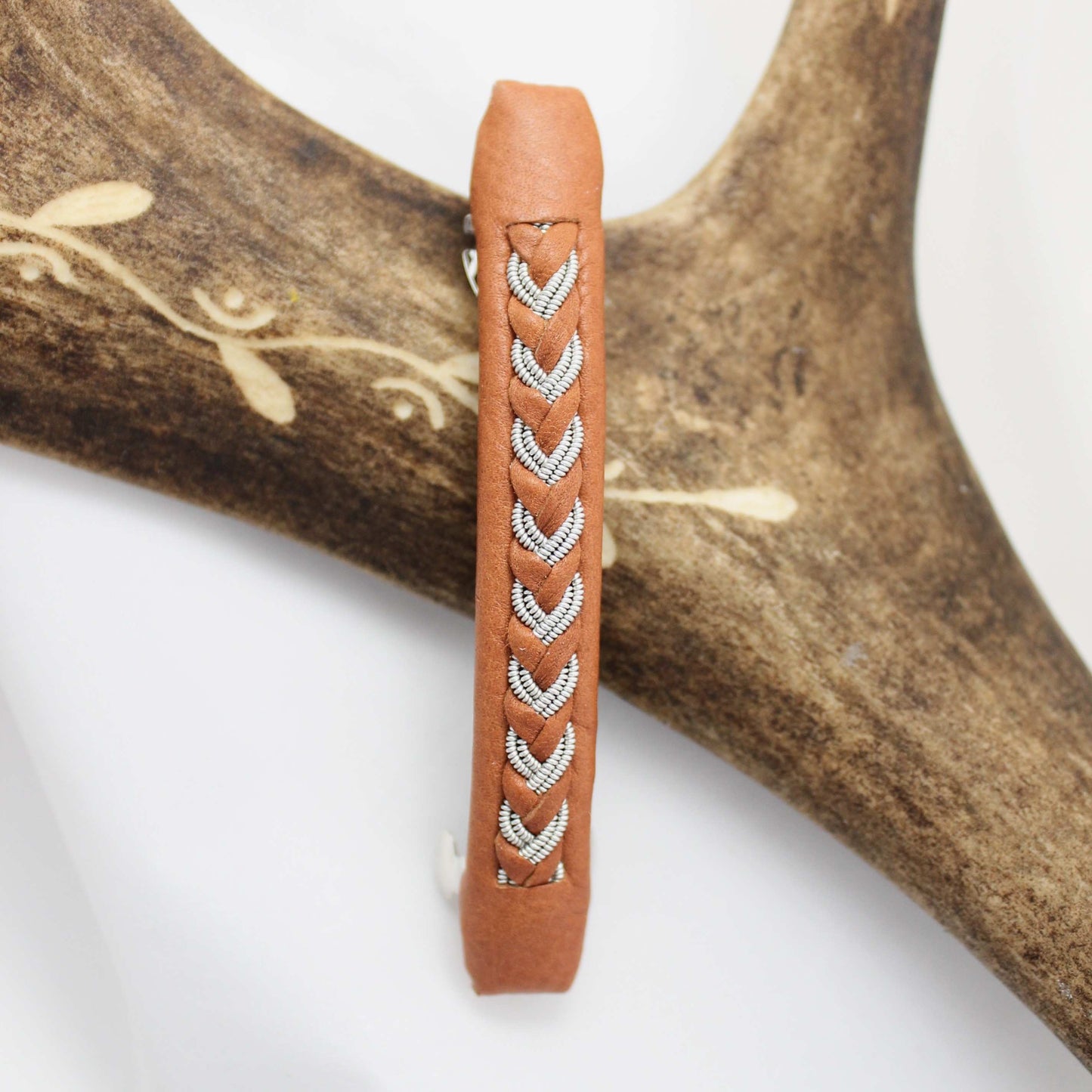 Handcrafted hair clip with pewter and leather braid