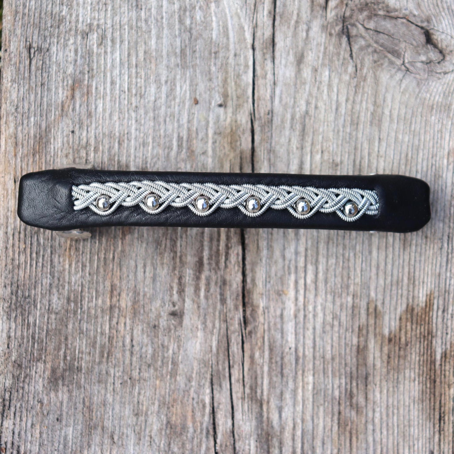 Handmade Sami hair barrette featuring a pewter braid and sterling silver bead accents
