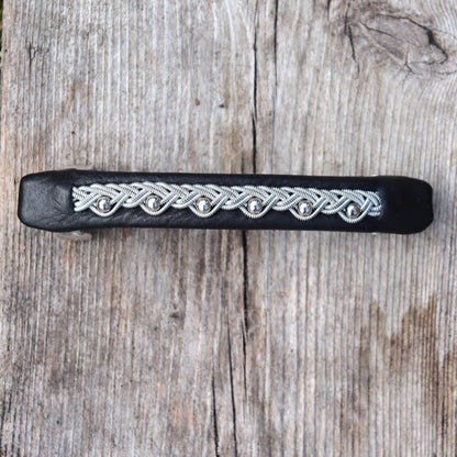 Handmade Sami hair barrette featuring a pewter braid and sterling silver bead accents