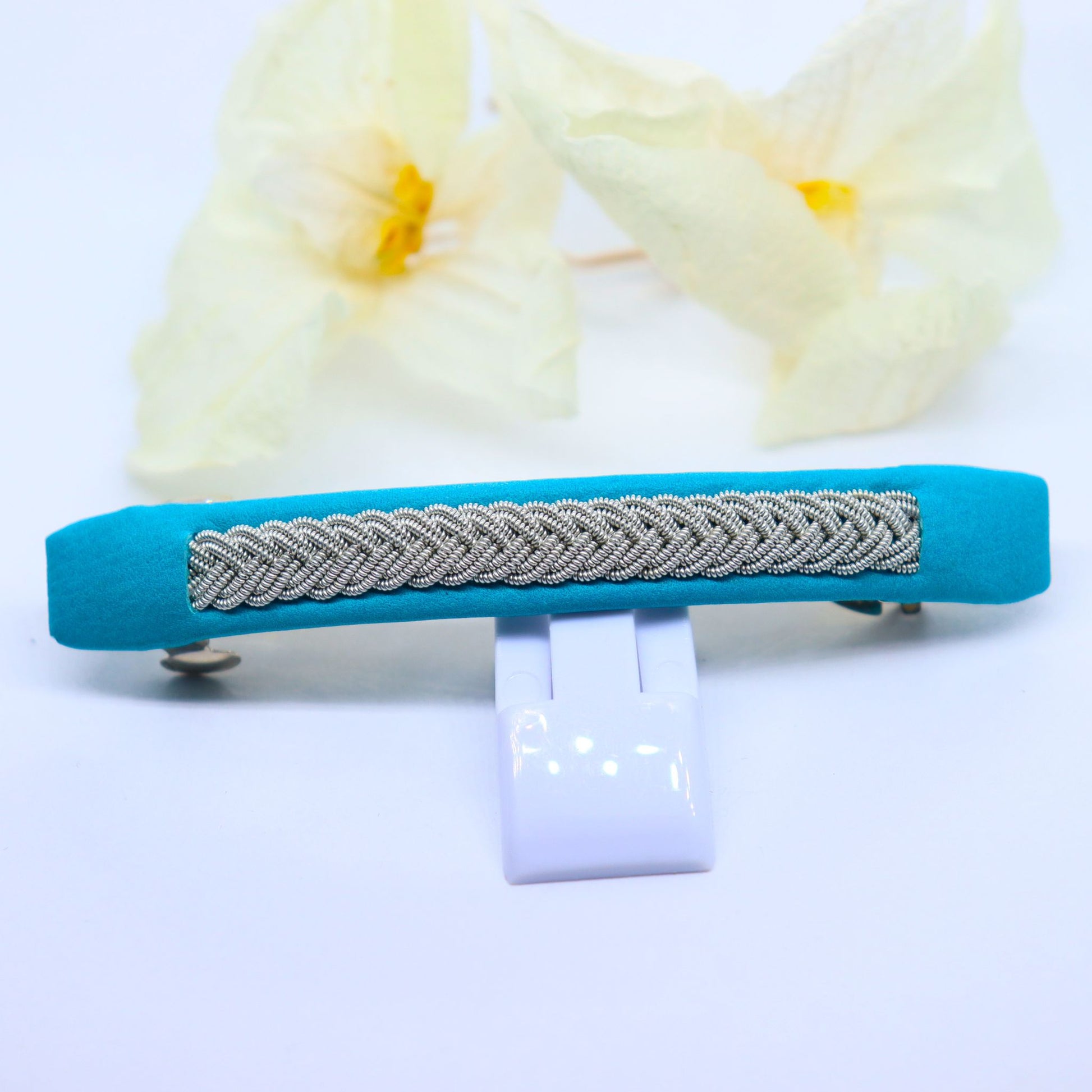 Reindeer leather hair clip with braided pewter thread, in color Aqua
