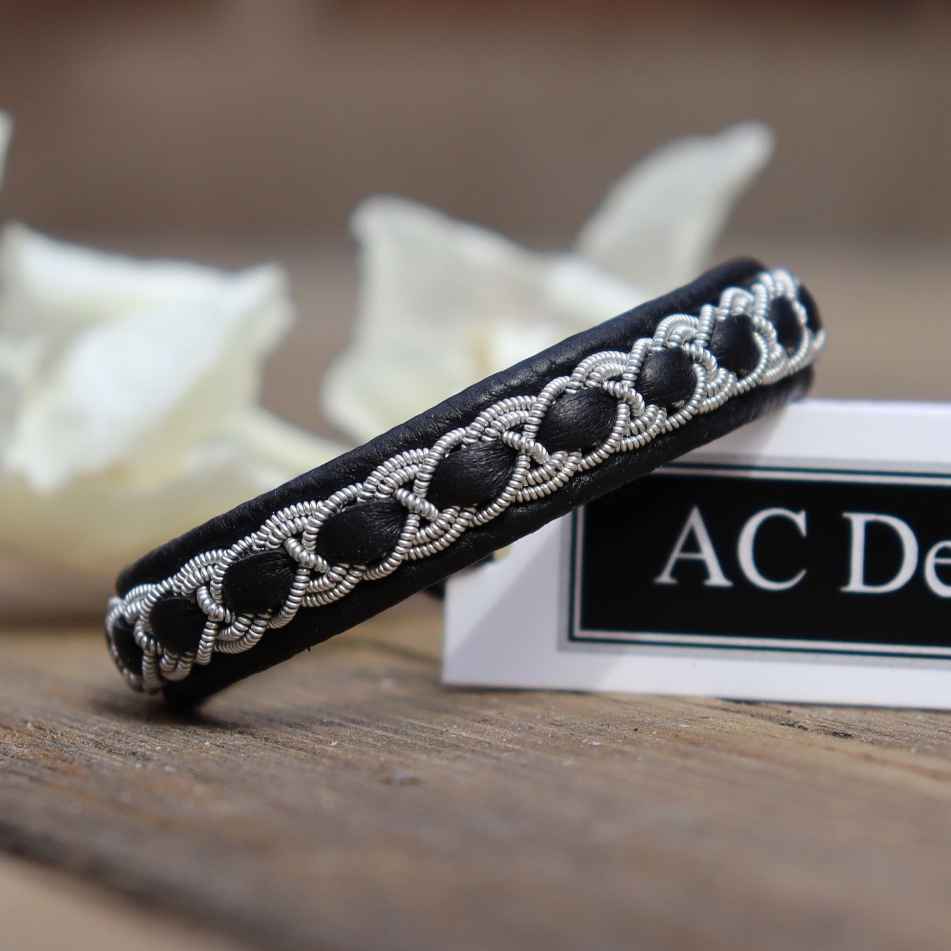 Swedish Sami bracelet in black leather and pewter braid