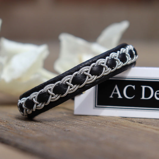Swedish Sami bracelet in black leather and pewter braid