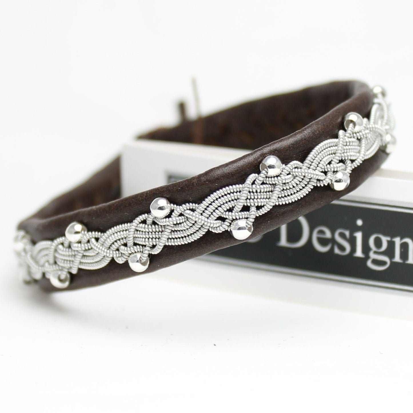 Sami bracelet with silver beads and dark brown leather