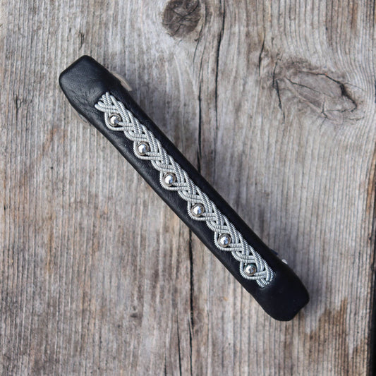 Handcrafted hair barrette with pewter braid and decorative sterling silver beads