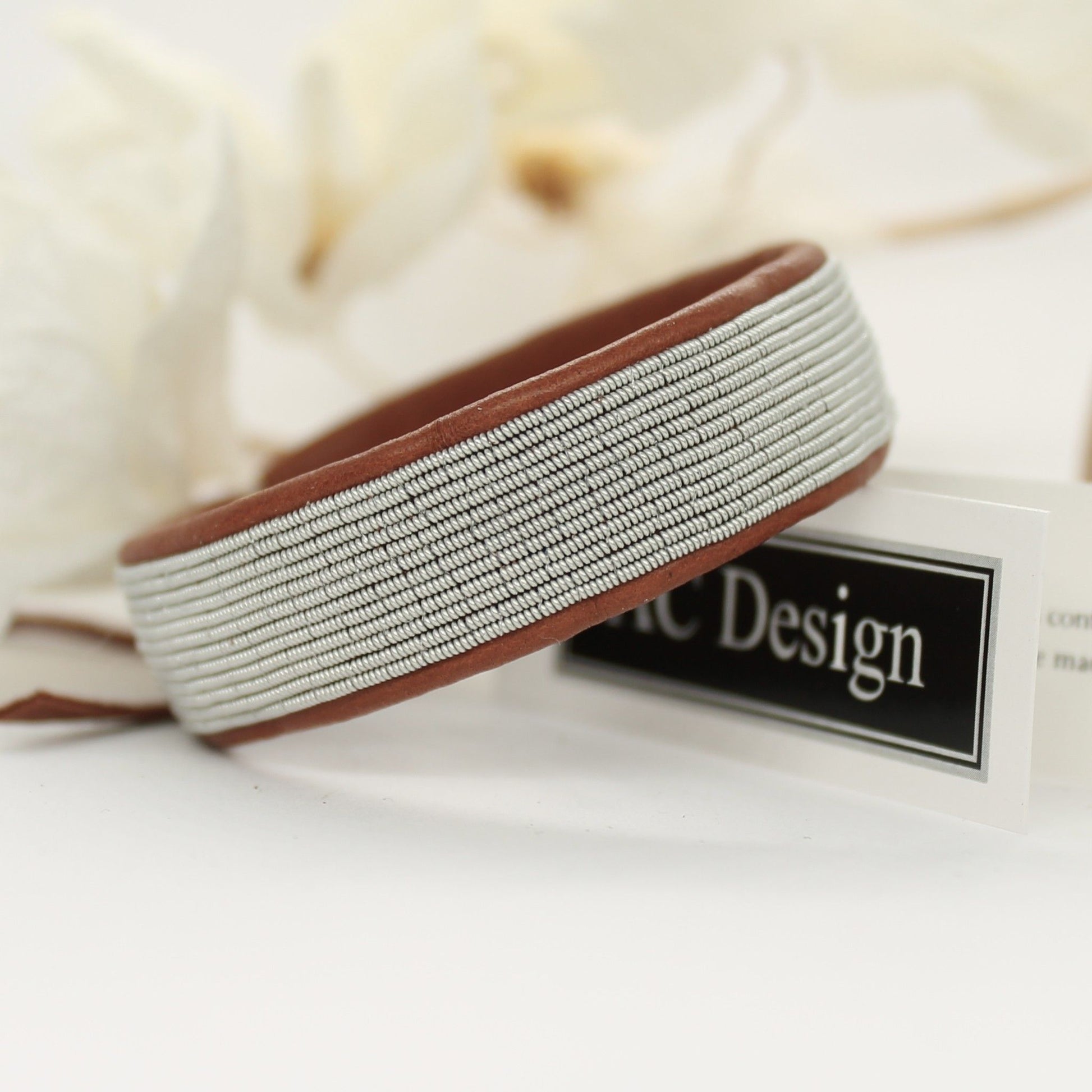 Sami bracelet in nature brown leather and pewter thread handmade in Sweden