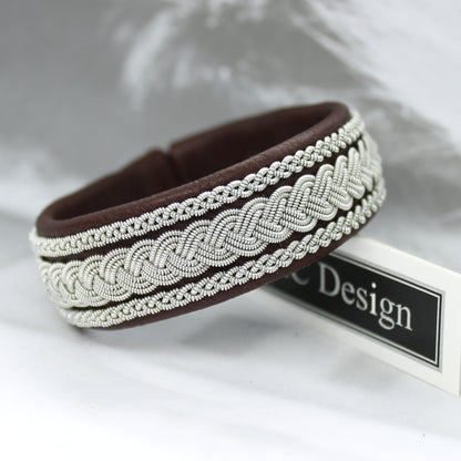 Sami bracelet in leather colour oxblood and pewter braids