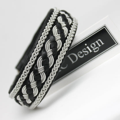 Black viking sami bracelet in leather and pewter wire braids