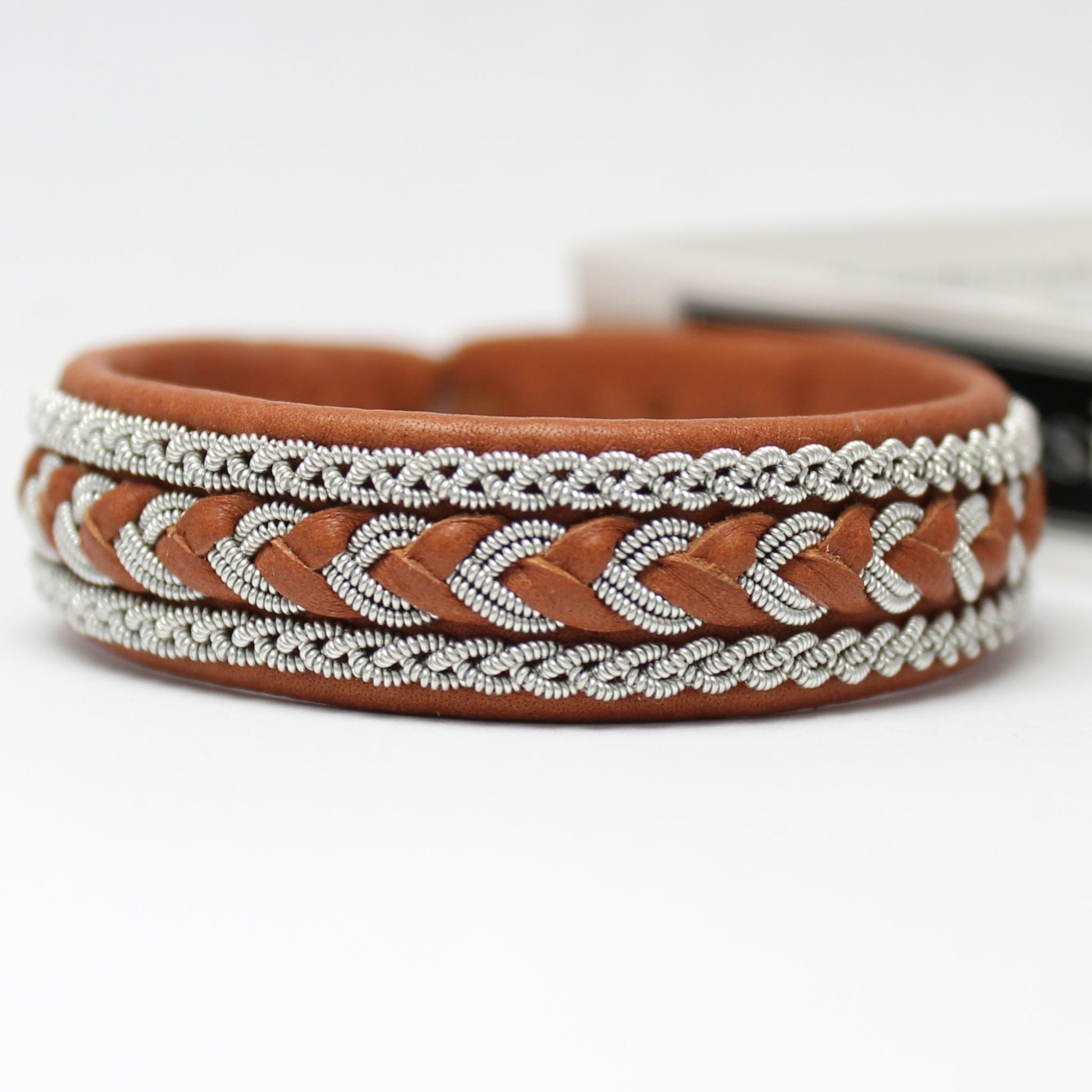 lapland bracelet in nature brown leather and pewter braids