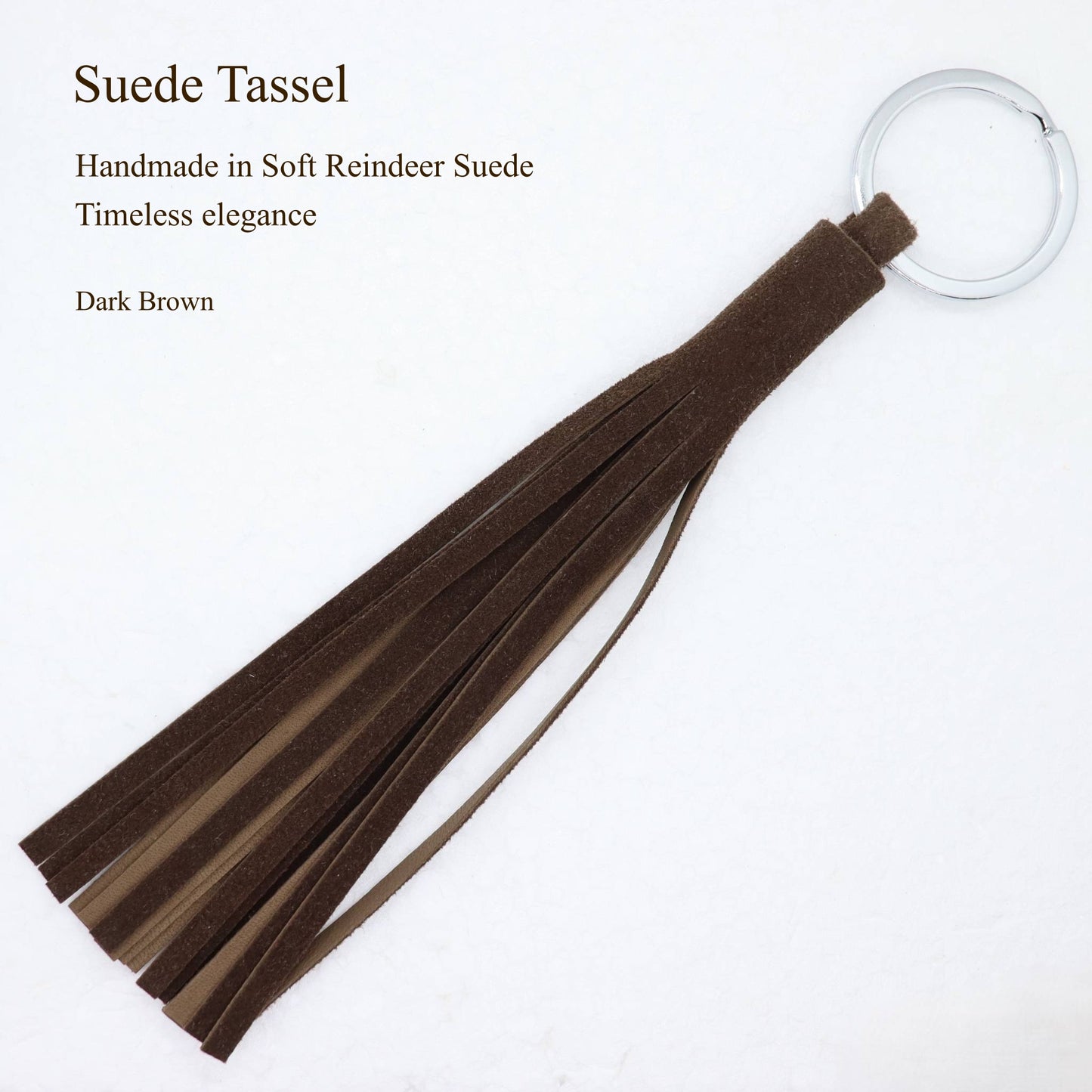 Handcrafted tassel in soft dark brown reindeer suede
