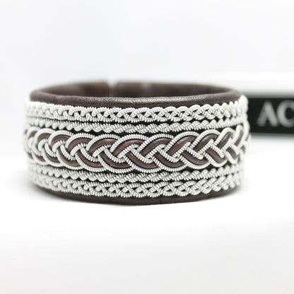 Wide sami bracelet in dark brown leather and pewter wire braids